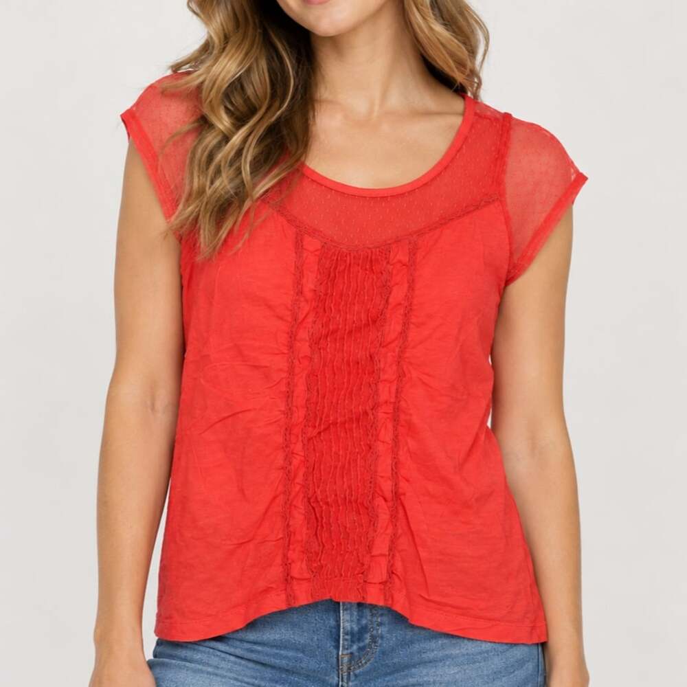 Aerpostale Red Swiss Dot Mesh Cap Sleeve Top with Smocked Front Detailing
